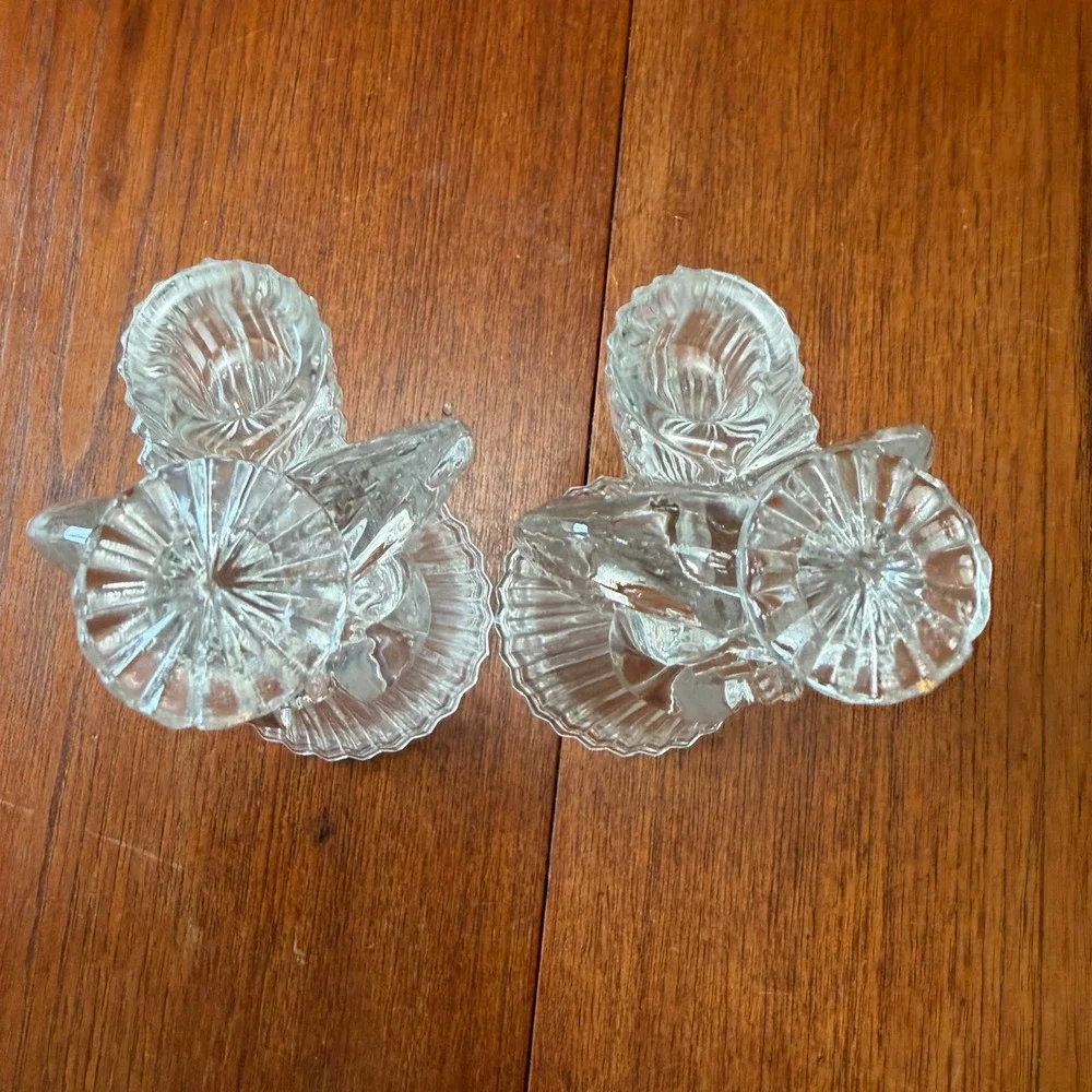 TWO VTG  Clear Glass Praying Angel Taper Candle Holders Ribbed Base Christmas
